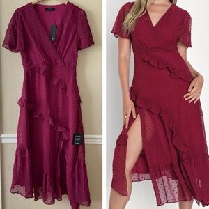 NEW Lulus Next to You Plum Swiss Dot Ruffled Midi Dress Pink Size Small